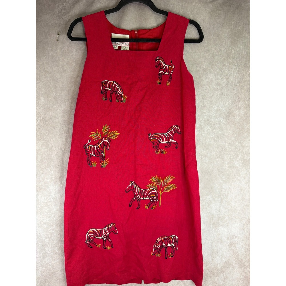 VTG 90s Carolina Colours Zebra Shift Dress Womens 8 Red Embroidered Linen Blend